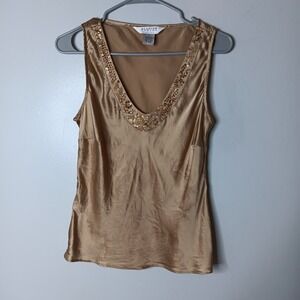 VTG Y2K Allison Taylor Silk Top PM Golden Brown Satin Beaded Old Money Romantic